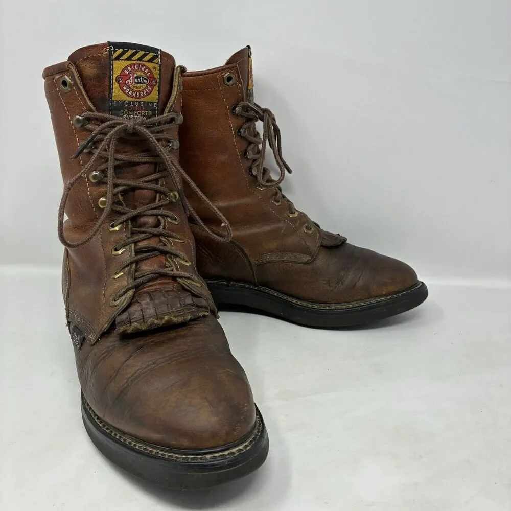 Justin Packer Logger Chestnut Brown 762 Kiltie Leather Work Boots USA Mens 8.5D